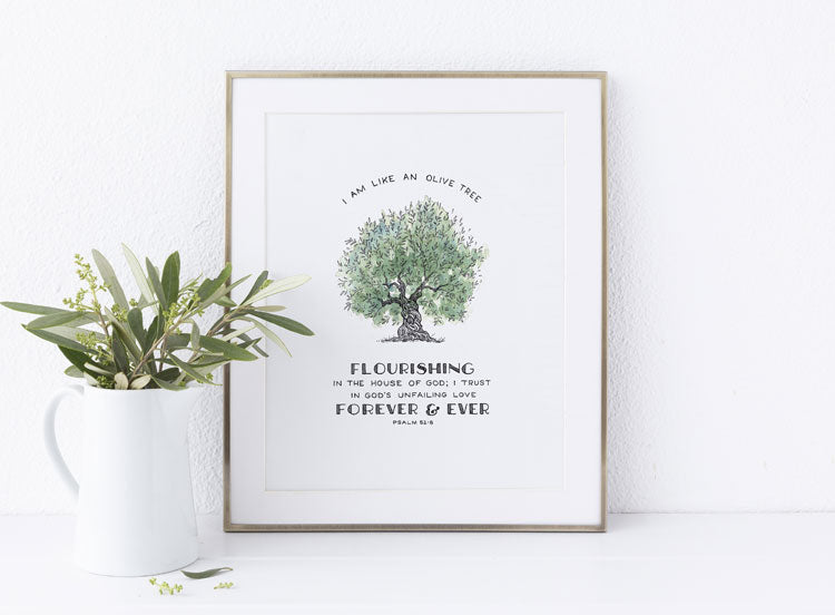 Tree of Faith Flourishing Olive - Scripture Art Print with Bible Verse Christian Gift for Men