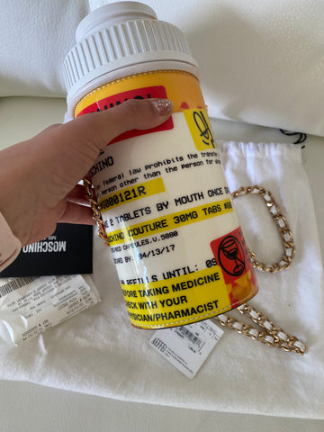 Moschino White Capsule Patent Leather Pill Bottle Crossbody Bag Moschino