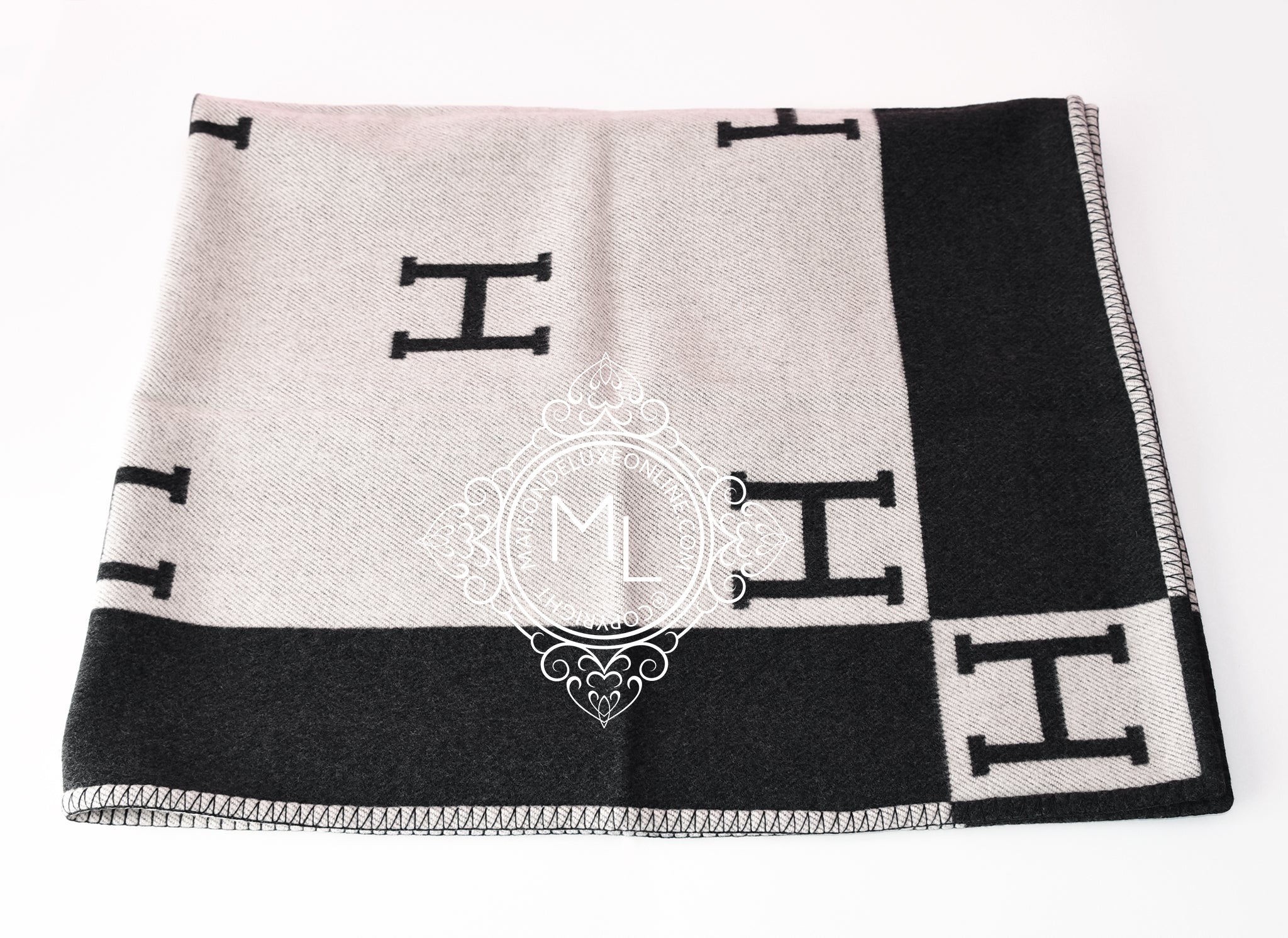 Hermes Large Gris Fonce Dark Gray Wool Cashmere H Avalon Blanket Throw MAISON De LUXE