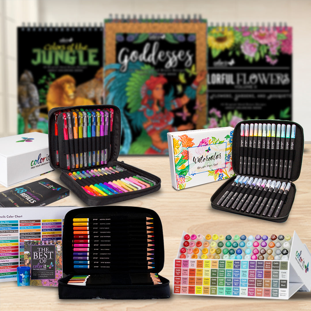 ADULT COLORING BOOK GIFT PACK - 3 Coloring Books Set with Colored Pencils