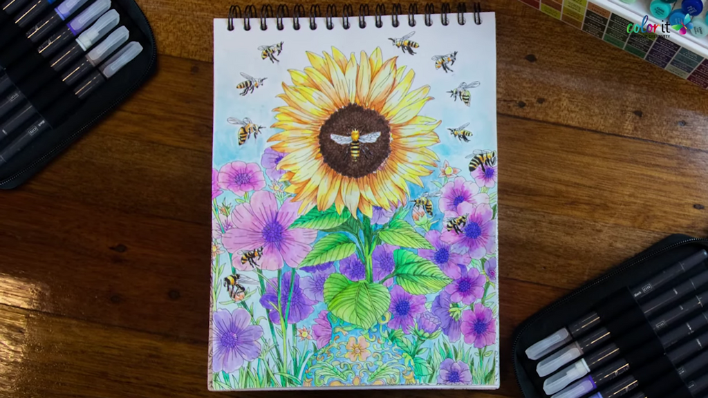 A colored sunflower page from Colorful Flowers Volume II, painted using watercolor brush pens.