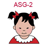 ASG-2 A toddler Asian girl wearing a red shirt and red bows in pigtails