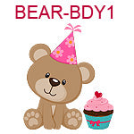 BEAR-BDY1 Brown teddy bear wearing pink birthday hat sitting next to cupcake with pink frosting