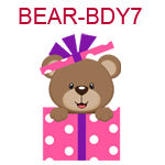 BEAR-BDY7 Brown teddy bear hanging over pink package with purple bow