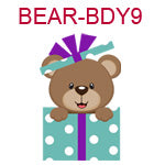 BEAR-BDY9 Brown teddy bear hanging over blue package with purple ribbon