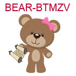 BEAR-BTMZV Brown girl teddy bear with pink bow holding BEAR-BRMZV Brown teddy bear wearing a yamaka and holding a torah scroll