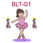 BLT-G1 Red haired fair skinned ballerina wearing pink tutu ballet slippers at her side