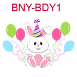 BNY-BDY1 White girl bunny wearing birthday hat with six balloons blue pink and green