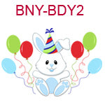 BNY-BDY2 White boy bunny wearing birthday hat with six balloons blue green and red