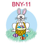 BNY-11 White bunny in front of Easter basket full of eggs