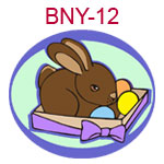 BNY12 Brown bunny sitting in box of colorful Easter eggs