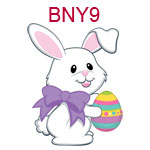 BNY9 White bunny wearing purple bow holding colorful egg