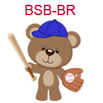 BSB-BR A brown teddy bear wearing a blue cap holding a baseball and bat