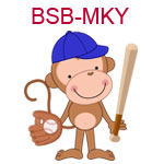 BSB-MKY A brown monkey wearing a blue cap holding a baseball and bat