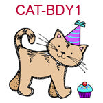 CAT-BDY1 Brown cat wearing purple birthday hat sitting next to blue cupcake