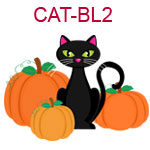 CAT-BL2  A black cat surrounded by three pumpkins