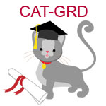 CAT-GRD Gray cat wearing graduation cap with diploma