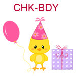 CHK-BDY Yellow chick wearing pink birthday hat with pink balloon standing next to purple presentwith 