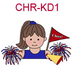 CHR-KD1 A fair skinned brown haired cheer leading girl wearing a blue top holding a megaphone flag and pom poms