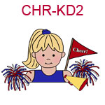 CHR-KD2 A fair skinned blond cheer leading girl wearing a blue top holding a megaphone flag and pom poms