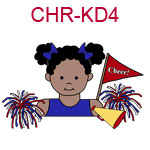 CHR-KD4 A medium skinned black curly pigtails cheer leading girl wearing a blue top holding a megaphone flag and pom poms