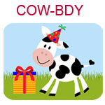 COW-BDY Cow wearing birthday hat next to yellow present