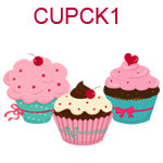 CUPCK1 Three birthday cupcakes with pink and cream frosting