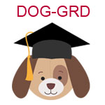 DOG-GRD A brown dog with spot around one eye wearing a graduation cap