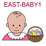 EAST-BABY1  Light skinned baby girl next to basket of Easter eggs