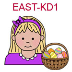 EAST-KD1 Light skinned blond girl wearing purple top and hair band next to basket of Easter eggs