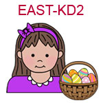 EAST-KD2 Light skinned brown haired girl wearing purple top and hair band next to basket of Easter eggs