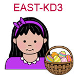EAST-KD3 Light skinned black haired girl wearing purple top and hair band next to basket of Easter eggs