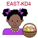 EAST-KD4 Dark skinned curly black haired girl wearing purple top and hair band next to basket of Easter eggs