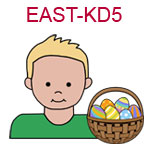 EAST-KD5 Light skinned blond boy wearing a green shirt next to basket of Easter eggs