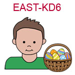 EAST-KD6 Light skinned brown haired boy wearing a green shirt next to basket of Easter eggs