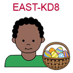 EAST-KD8 Light skinned curly black haired boy wearing a green shirt next to basket of Easter eggs
