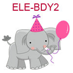 ELE-BDY2 Girl elephant wearing pink birthday hat holding pink balloon in trunk