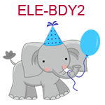 ELE-BDY2 Boy elephant wearing blue birthday hat holding blue balloon in trunk