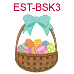 EST-BSK3 Brown Easter basket filled with colorful eggs and has blue bow on top