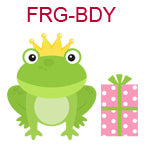 FRG-BDY Frog wearing crown sitting next to pink package