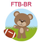 FTB-BR A brown teddy bear standing on grass with a football