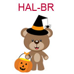 HAL-BR Brown teddy bear wearing a witches hat and holding a pumpkin