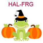 HAL-FRG A frog wearing a witches hat sitting between two pumpkins