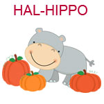 HAL-HIPPO A hippo surrounded by three pumpkins