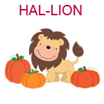 HAL-LION Lion surrounded by three pumpkins
