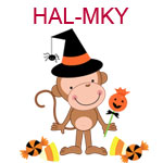 HAL-MKY A monkey wearing a witches hat holding a pumpkin sucker