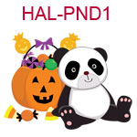 HAL-PND1 A panda leaning against a jack o lantern filled with candy