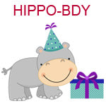HIPPO-BDY Gray hippo wearing blue birthday hat standing next to blue package