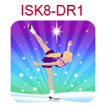 ISK8-DR1 Fair skinned blond girl doing ice skating spiral on blue and purple background