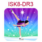 ISK8-DR3 Fair skinned black haired girl doing ice skating spiral on blue and purple background